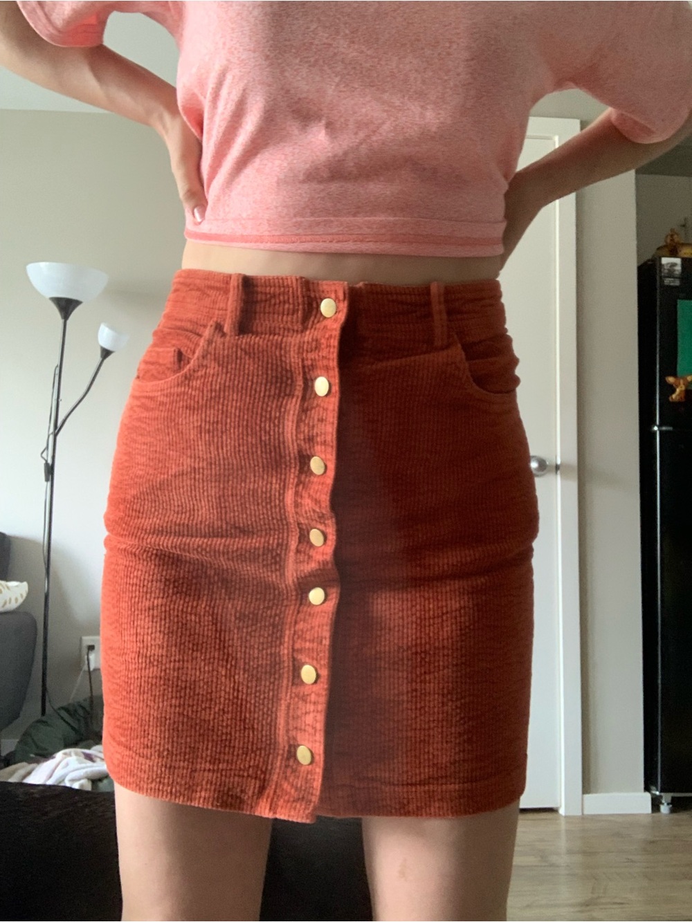 Smashed Lemon Orange Corduroy Button-up High-waisted Mini Skirt